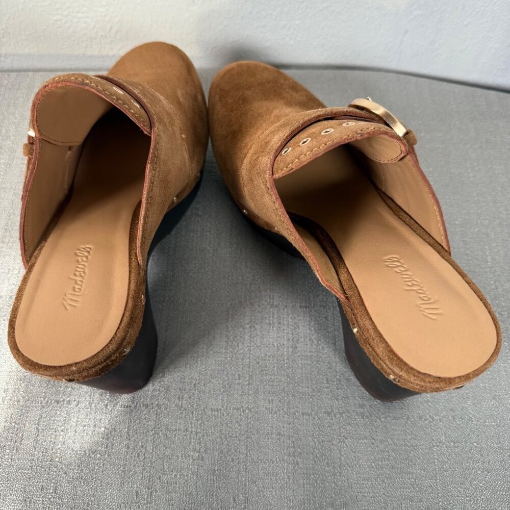 Madewell The Wes Buckle-Strap Clog Brown Suede Gold Studded Heels Platform 7 - Picture 15 of 16